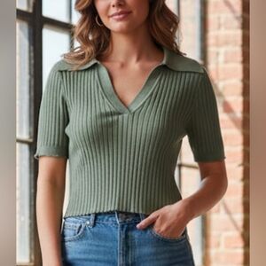 Forever 21 NWT Petite Sage Green Ribbed Polo Crop Top - Juniors XS